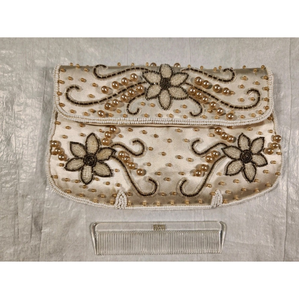 Bridal Wedding Beaded Clutch Purse 1950s Antique Ivory Satin Floral Pearl Japan